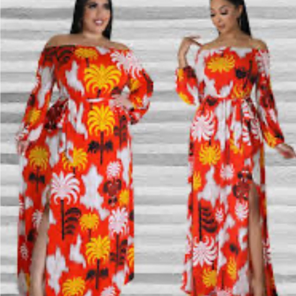 Elegant Red and Yellow Floral Long Sleeve Dress
